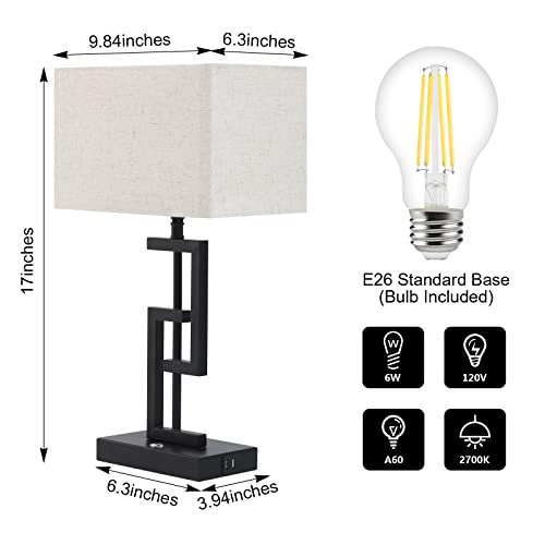 Zorykn 17'' Tall Table Lamps For Living Room Single With Usb Charging Ports, Modern Table Lamp For Bedroom Nightstand, White Fabric Shade For End Table, 3-Way Dimmable Touch Table Lamp, Bulb Include #TOP3