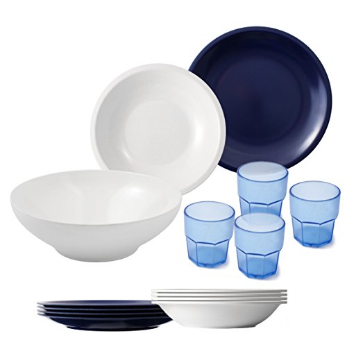 Cartaffini - Agile - Juego de cámping de 14 Piezas, en melamina, Colores Blanco/Azul, 25 cm