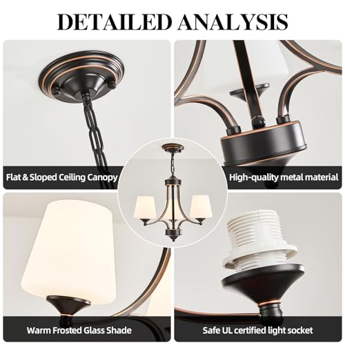 Image of 3 Light Farmhouse Chandelier with Milk White Frosted Glass Shades Black Dining Room Light Adjustable Height Ceiling Hanging Light Fixtures for Dinner Table, Kitchen Island, Entryway