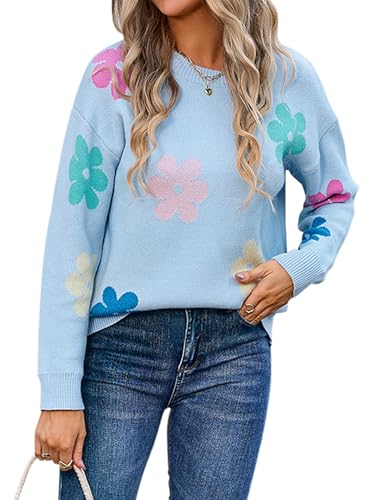 Image of Angashion Sweaters for Women 2025 Crewneck Fashion Printed Flowers: Long Sleeve Ribbed Pullover Sweaters Jumper Light Fuzzy Soft Blue Large