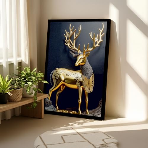 Image of The Castle Decor Golden Deer Wall Painting | Lucky Charm Abstract Deer Art for Living Room & Bedroom | Multicolor Sparkle Laminated Wall Art with Frame - 20x30 Inches