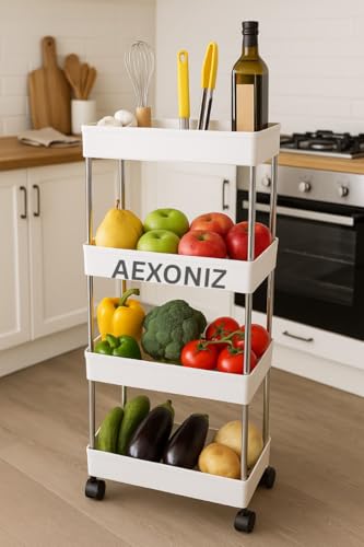 AEXONIZ TOYS Multi-Functional Onion Potato Storage Rack & Kitchen Trolley with Wheels – Movable Storage Cabinet for Organized Kitchen (White, 4 Layer)