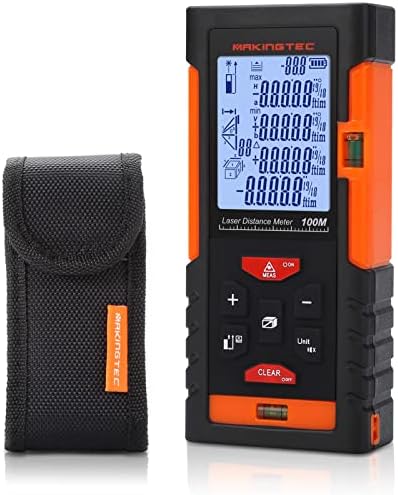 MAKINGTEC Laser Measurement Tool,328Ft Laser Measure Ft in M Unit Switch with 2 Bubble Levels Pythagorean Mode Area and Volume Measuring,LCD Backlit Digital Laser Tape Measure Distance Meter Device
