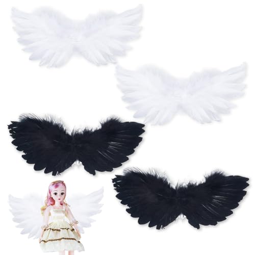 AHANDMAKER 4Pcs Mini Angel Wings for Crafts Black and White Feather Angel Wings, Soft Fluffy Winglets Decorative Angel Feather for Ornament Stuffed Animals Decoration (4x8.5 Inch)