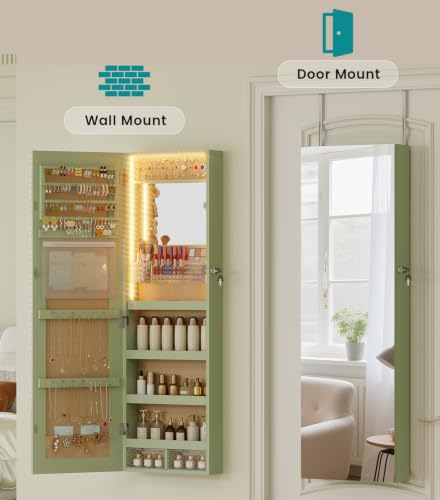 Image of Vlsrka LED Mirror Jewelry Cabinet, Over Door /Wall Mounted Jewelry Organizer