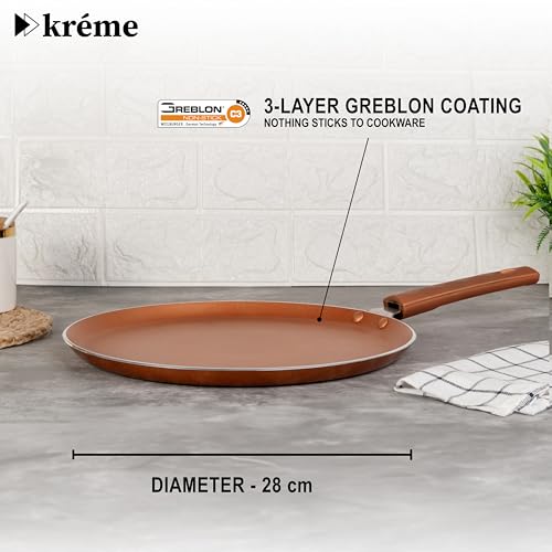 Image of Kreme Sonet Non Stick Dosa Tawa 28cm for Gas Stove & Induction Bottom | Flat Tawa | Roti & Chapati Tawa | Paratha Pan | Uttapam & Pancake Maker | Crepe Pan | Bronze