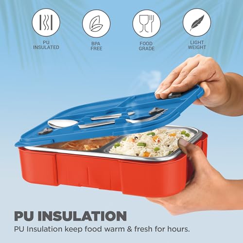 Image of Milton Sports Ethan 2|Delhi Capitals Official Drinkware Partner|Inner SS Tiffin Box, 2 Partition,Steam Release Plug|PU Insulated,Leak-Proof|Lunch Box for Kids,Boys,Girls with Snap Lock Lid|650 ml, Red