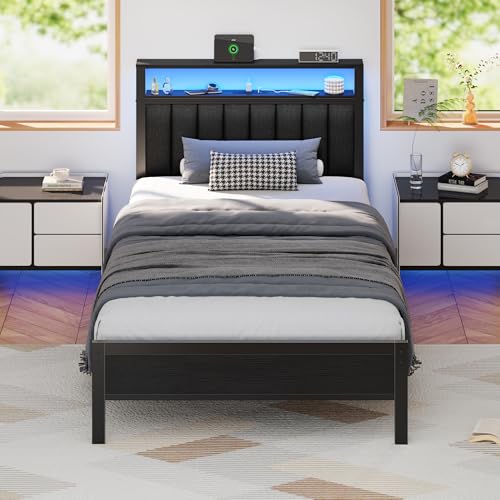Furnulem Twin Size Bed Frame with Charging Station and LED Lights, Platform Bed with Metal Slats,...