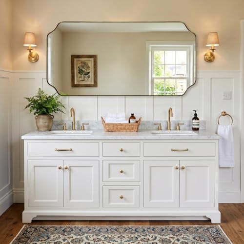 MIRRORART 24x48'' Large Oblong Gold Bathroom Mirror for Wall, Contemporary Rounded Notched Corner Brass Rectangle Bathroom Vanity Mirror, 1'' Rustproof Stainless Steel Metal Frame Mirror, HD Glass