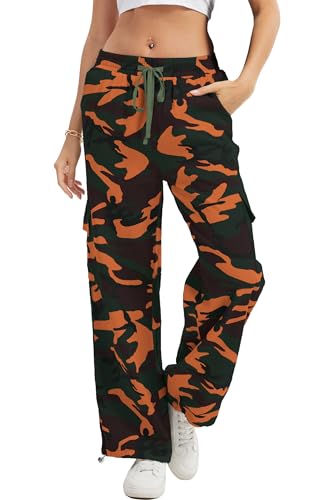 HVEPUO Camo Pants Women High Waisted Wide Leg Casual Y2K Camoflage Cargo Pants Baggy Elastic Waist Straight Jeans Trousers