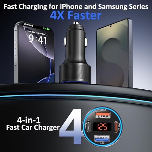 Image of 3 Pack USB C Car Charger, 4-Port 65W Dual 12V USB-A & USBC Cigarette Lighter Adapter Plug with Voltmeter PD /QC 3.0 Fast Charging Car Phone Charger for iPhone 17 16e 15 14 13 12 Pro Max, Android-Black