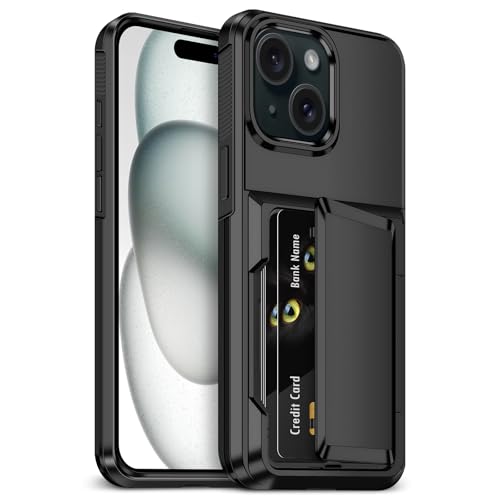 Aolcev for iPhone 15 Case with Card Holder [Max 4 Cards] Heavy Duty Protective Shockproof Cases Dual Layer Hard PC Soft TPU Bumper Hidden Card Slot Wallet Case Cover for iPhone 15 Phone Case-Black