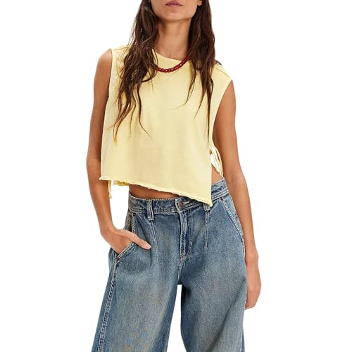 Women Y2K Free Tie Side Vest Top Sleeveless Split Side Crewneck Tank Tops Vintage Dup ES Going Out Crop Camisole Top People Dupes Summer Casual Boxy Shirt A Yellow