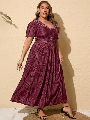 Image of Simplee Women's V Neck Velvet Maxi Dress Short Sleeve Empire Waist Long Formal Dress for Wedding Guest