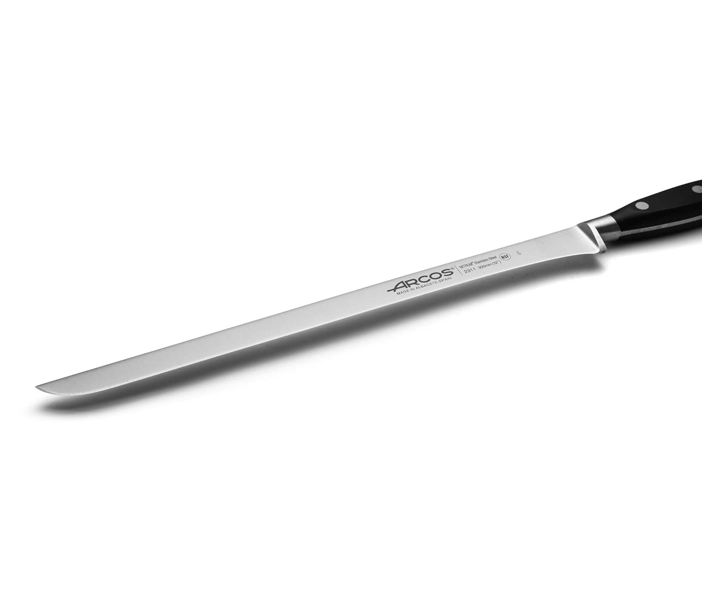 Arcos Couteau à Trancher en Acier Nitrum avec Lame de 300 mm – Poignée Ergonomique en Polyoxyméthylène POM, Idéal pour Jambon – Noir, Série Riviera