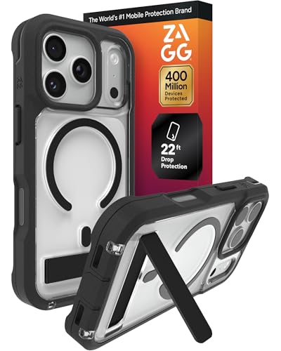 Image of ZAGG Rainier Case with Kickstand for iPhone 17 Pro - Black, Graphene 22ft (7m) Drop Protection, Lanyard Attach Points, MagSafe, Wireless Charging Compatible, 2-Piece Design, Phone Case