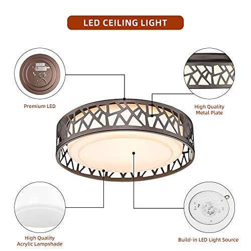 VICNIE Flush Mount Ceiling Light, 12 inch 15W LED Dimmable Lighting Fixture, 3000K Warm White, Oil Rubbed Bronze Fihished, ETL Listed for Kitchen, Hallway, Bedrooms (Metal Body and Acrylic Shade)