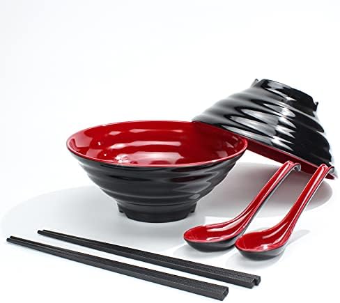 Lanbent Ramen Bowl Set, Capacity 1032 ml Japanese Soup Bowl with Spoon and Chopsticks, for Pasta Udon Pho Asian Noodles, Dishwasher Safe (2PCS, Red)