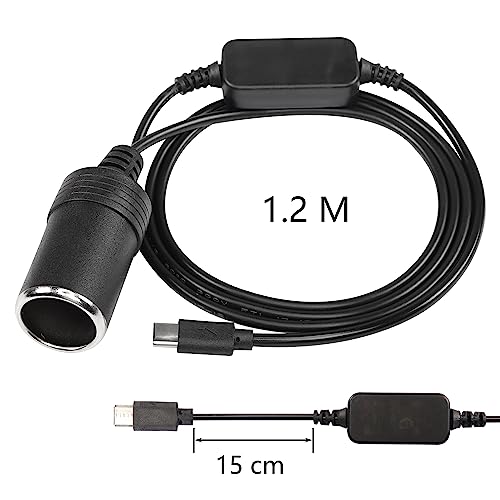 CERRXIAN 1,2 m USB C męski na 12 V adapter gniazda zapalniczki samochodowej kabel zasilający do kamery samochodowej GPS, paski świetlne LED do samochodu (1,2 m)