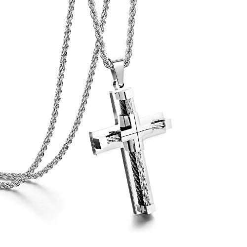 Udalyn Stainless Steel Cross Necklace for Men Women Silver Gold Chain Cross Pendant Necklace Simple Jewelry Gifts, 28 Inches Chain Silver Tone