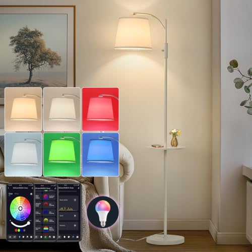 Image of AIDENOEY Smart Floor Lamp with Side Table | Stepless Dimming, RGB Multi-Color | Adjustable Swivel Head | Voice Control with Alexa & Google Assistant |White Lamp for Living Room,Bedroom,Home Office