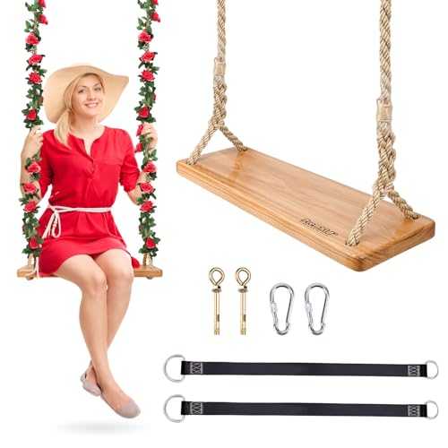 Premkid Hanging Wooden Swing, 24"x 8"x 1.2" Tree Swing for Adults Kids, Adjustable Thick Nylon Rope Plus Tree Straps 10.61FT, Wood Swing Set with Rose Garland for Indoor & Outdoor