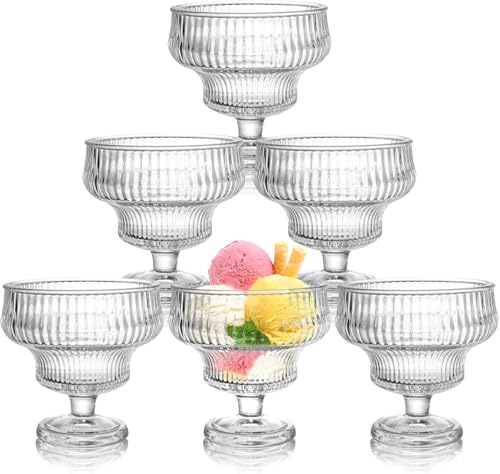 Image of Glassbunny Ice Cream Sundae Glass Bowl Set of 6, Clear Stripes Footed Dessert Bowls Crystal Glass Dessert Cups Perfect for Sundae, Ice Cream, Fruit, Salad, Cocktail, Trifle 300ml