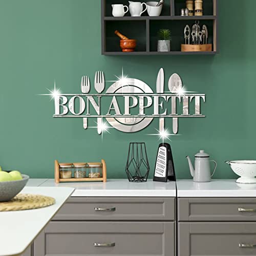 INCAUCA Bon Appetit 3D Acrylic Mirror Wall Decals Kitchen, Spoon Fork Knife Mirror Wall Stickers, Removable Kitchen Wall Sign Wall Decor for Dining Room Table Cafe DIY Art Decoration (Gold) - Image 3