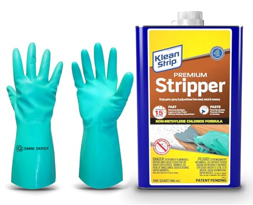 Paint & Varnish Remover Klean Strip Premium Stripper– Fast-Acting Stripper for Epoxy, Polyurethane, Wood, Metal & Masonry – Includes Protective Omni Depot Gloves – 1 QT