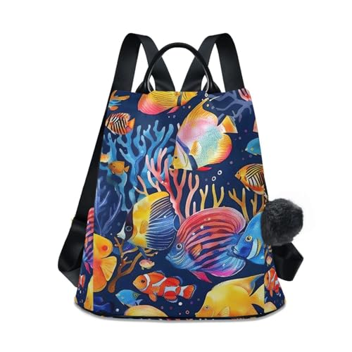 Mochila de viaje azul con pez coral tropical para mujer