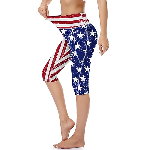 RIMLESS 7 Women's Leggings with Pockets High Waist Cotton Yoga Pants Workout Running Athletic Compression Capris, Pattern Usa Flag, Large