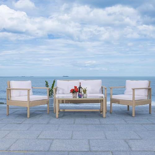 Image of Amazon Brand - Solimo Zeno Outdoor Sofa Set || Balcony Sofa || Patio Furniture Sets || Indoor Sofa|| Wicker Rattan Garden Sofa Set with Cushion and Center Table, 4 Seater (White-Beige)