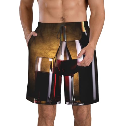 Men's Swim Trunks Quick Dry Bathing Suits Three Wine Bottles and Glass Over Beach Board Shorts Swimwear with Pockets