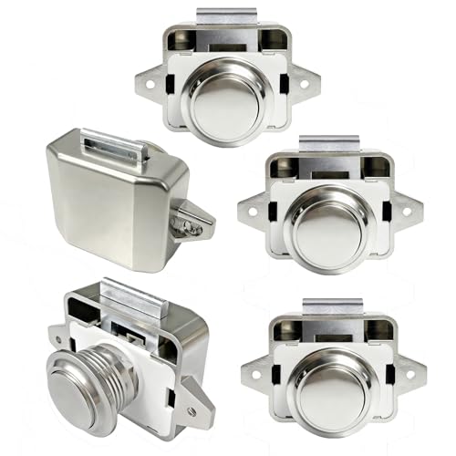 5 PCS RV Push Button Cabinet Door Lock & Marine Drawer Latches, Boat Cupboard Latch Push to Open Locks Closures for Yachts, Camper, Caravan (ABS Body & Zinc Alloy Nickel)