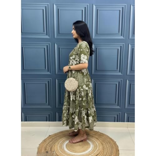 Image of Modestouze Attires Women's Paisley Pattern Rayon Midi Dress with Half Puff Sleeve Round Neck Calf Length and Pull On Closure Type