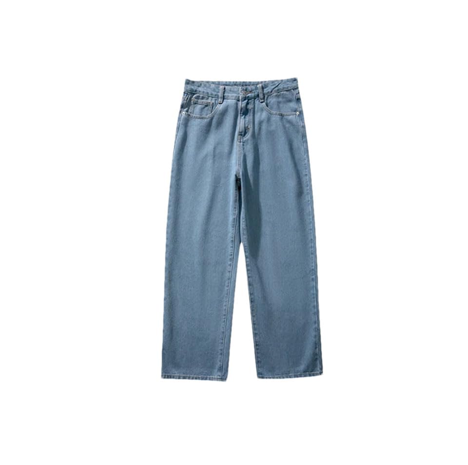 Men’S Wide Leg Korean Style Denim Jeans with Zipper Fly Mid Waist Loose Fit Solid Color Pants