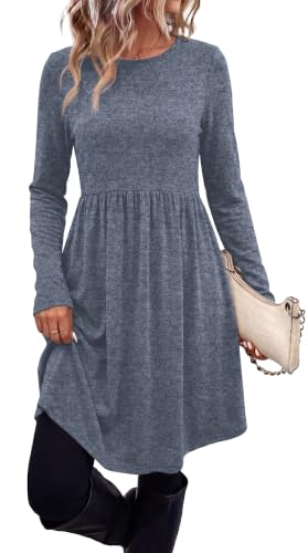 OFEEFAN Womens Long Sleeve Fall Dresses with Pockets Crew Neck Babydoll Casual Winter Dress 2026