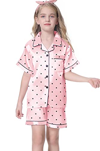 Image of Umeyda Women & Girls Pajamas Set, 2 Piece PJS Satin Silk Sleepwear Button-Down Top with Shorts for Mom Kids Gifts