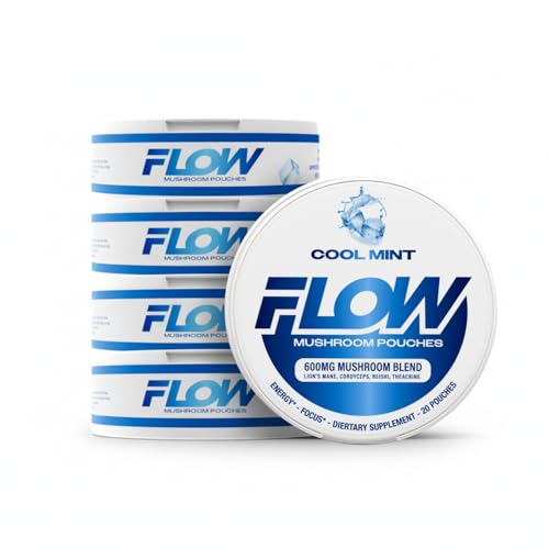 Flow Pouches Mushroom Nootropic Pouches - 600mg Organic Mushroom Energy Ultra Pouches with Lions Mane Reishi Cordyceps for Focus & Clean Energy - Zero Caffeine or Sugar (5 Can Pack Cool Mint)