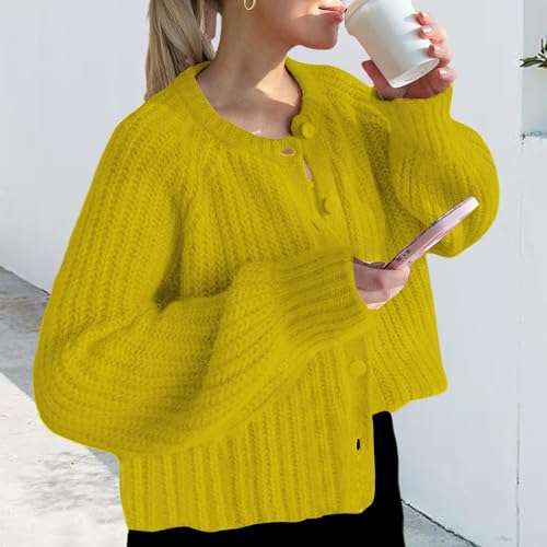 Cardigan Sweaters for Women Chunky Knit Cardigans Crew Neck Long Sleeve Button Sweater Soft Loose Cropped Sweater2