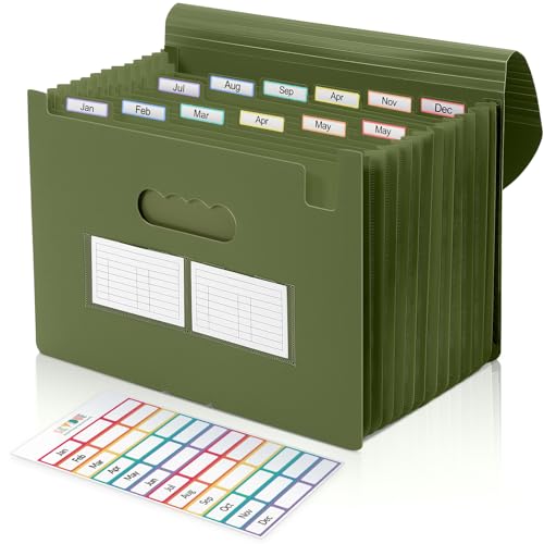 SKYDUE Accordion File Organizer, Expanding File Folder with 13 Pockets, Portable Document Paper Bill Receipt Organizer, Home School Office Supplies, Letter A4 Size OliveGreen