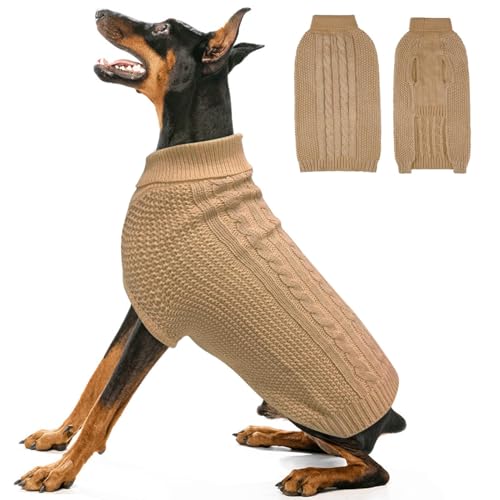 K9meme XXXL Dog Sweater, Classic Cable Knit Warm Dog Sweatshirt with Reflective Yarn for Girl Boy, Halloween Fall Winter Coat Turtleneck Pullover Clothes Apparel for Small Medium Large Dogs,Khaki XXXL