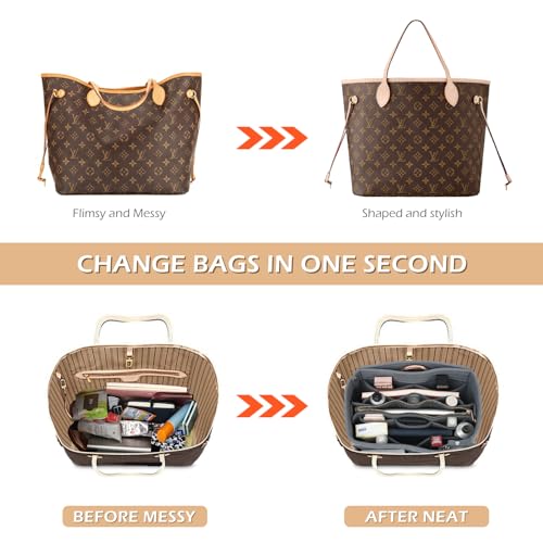 Surblue Purse Organizer Insert for Handbags, Felt Bag Organizer, Tote Bag Organizer, Tote Shaper Insert With Zippers, Thicken and Portable Handbag in Bag for Speedy Neverfull PM MM, (Newgray, S) - Thumbnail 3