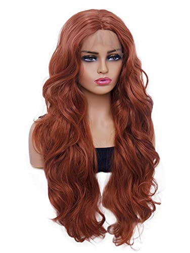 Rugelyss Fashion Glueless Auburn Copper Red 24Inch Long Natural Wavy Free Part Small Area Lace Front Wigs Heat Resistant Synthetic Hair Wig For Women (Copper Red) #TOP3