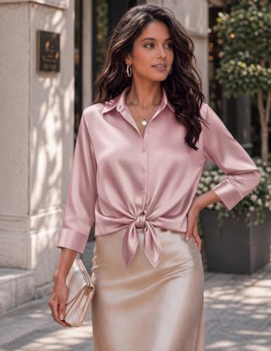 Image of Zeagoo Womens Satin Blouses Button Down Shirts 3 /4 Sleeve Dressy Tops S-2XL