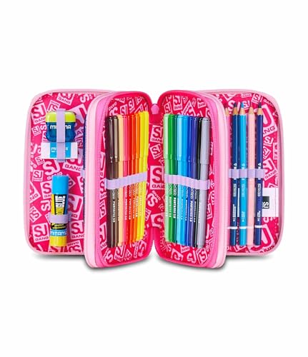 Sj Gang Style Jam Gang Astuccio Scuola 3 Zip, Fucsia, Portapenne Triplo Scomparto Completo Di Penne, Matite, Colori, Accessori Zaino, Scuola Elementare, Bambina - 2