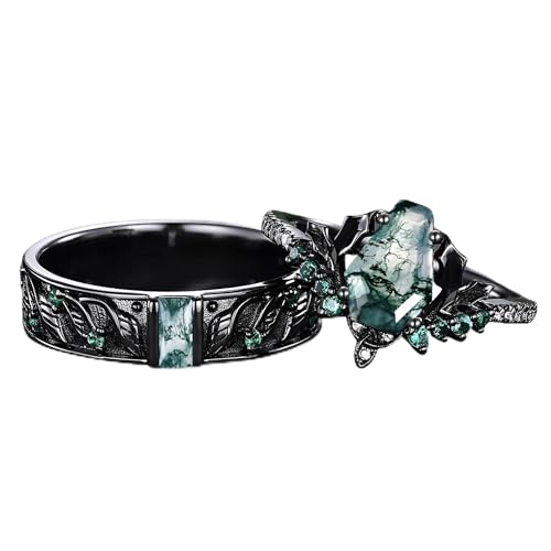 High-grade Gothic Natural Moss Agate Black Couple Rings Inspired Twig Leaf Moss Rings for His and Her Silver/10K 14K 18K Black Gold Wedding Band Anniversary Customize Gift for Women Men