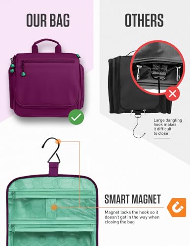 Image of VENTURE 4TH Hanging Travel Toiletry Bag, 18 Compartments - Purple /Mint | Hangs on rails, hooks or doors; stands upright. Removable TSA pouch. Water-resistant Nylon 290D Twill, reinforced stitching.