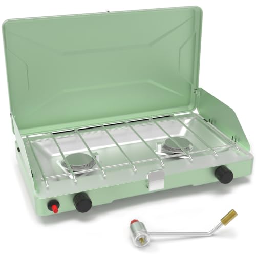 Portable Camping Stove Propane Gas Camping Cooktop 2 Burner 20000 BTUs Windscreen Instant Ignition with Adjustable Burners Pressure Regulator for Camping Cooker BBQ Tailgating RV (Light Green)