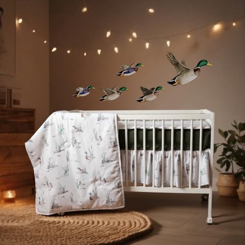 Image of SmoothNovelty 5 Pcs Mallard Duck Crib Bedding Set Include Print Crib Sheets Bed Skirt Comforter Pad Cover Wall Stickers for Boys Girls Duck Nursery Room Decoration